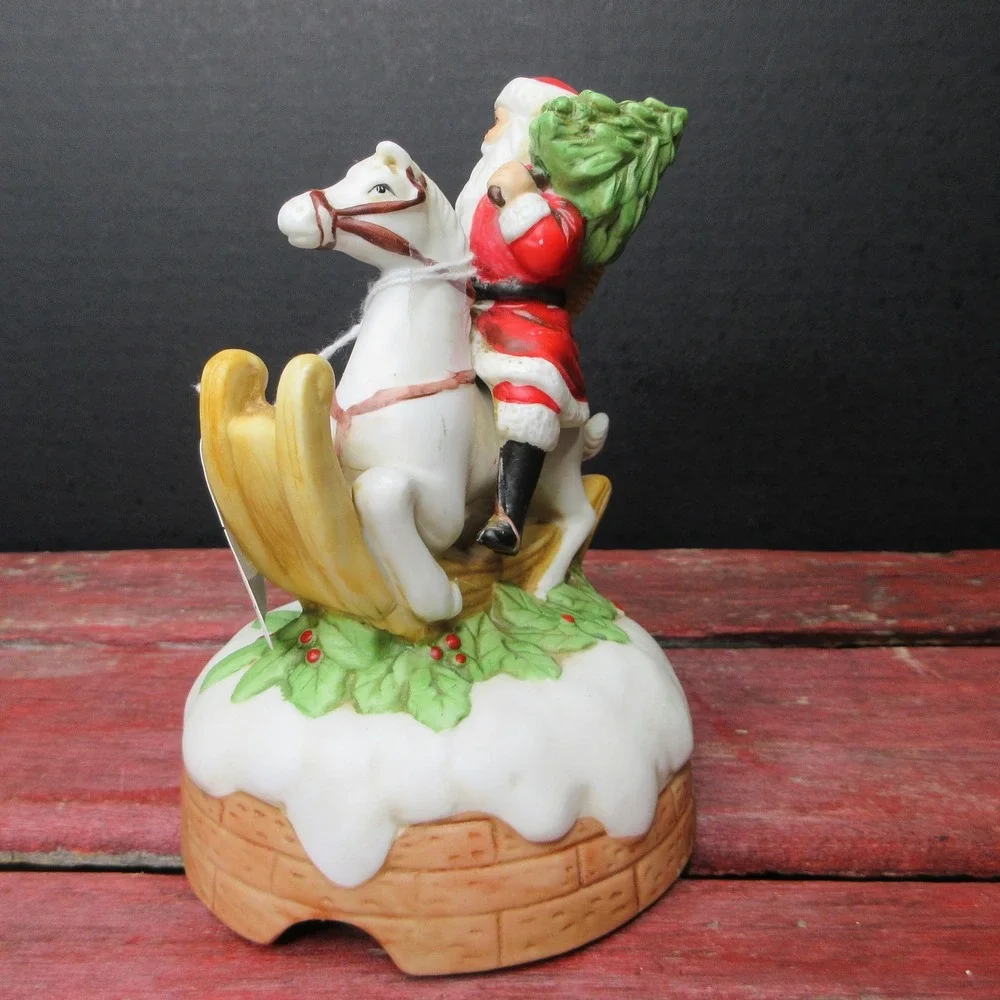 Vtg Enesco Santa Claus on Rocking Horse Music Box 